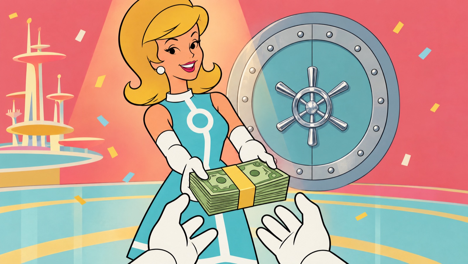 The hostess hands over the cash.